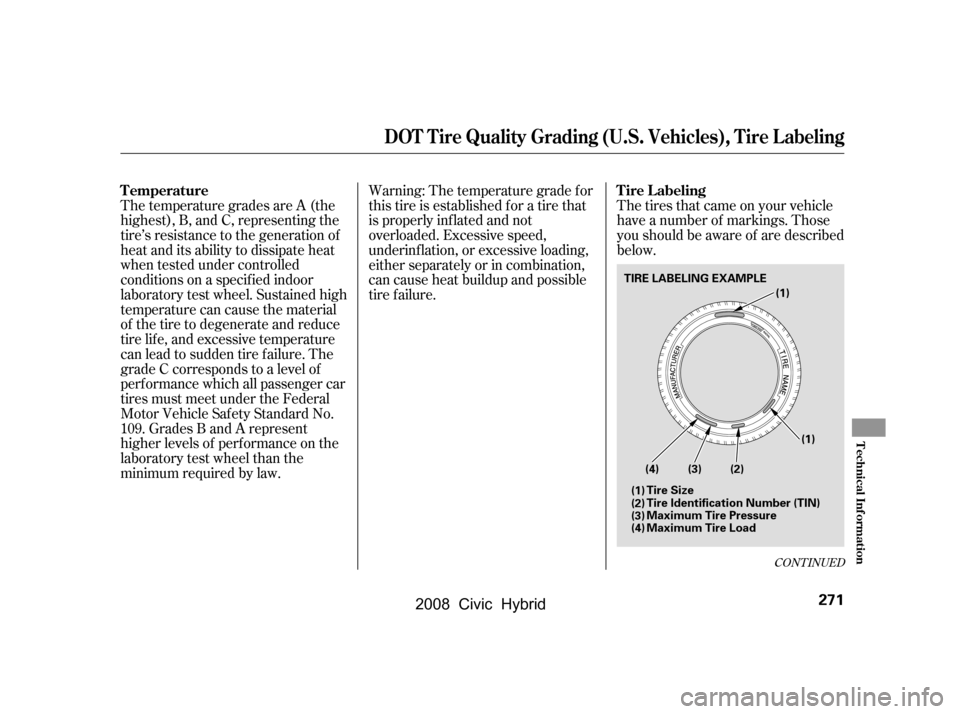 HONDA CIVIC HYBRID 2008 8.G Owners Manual The temperature grades are A (the
highest), B, and C, representing the
tire’s resistance to the generation of
heat and its ability to dissipate heat
when tested under controlled
conditions on a s HONDA CIVIC HYBRID 2008 8.G Owners Manual The temperature grades are A (the
highest), B, and C, representing the
tire’s resistance to the generation of
heat and its ability to dissipate heat
when tested under controlled
conditions on a s