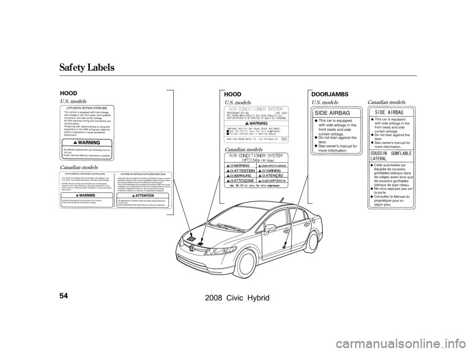 HONDA CIVIC HYBRID 2008 8.G Owners Manual Canadian models
U.S. models
U.S. models
Canadian models Canadian models
U.S. models
Saf ety L abels
54
HOOD
DOORJAMBS
HOOD
\f—\f—\fy
y
(#\fy\f\fy
 2