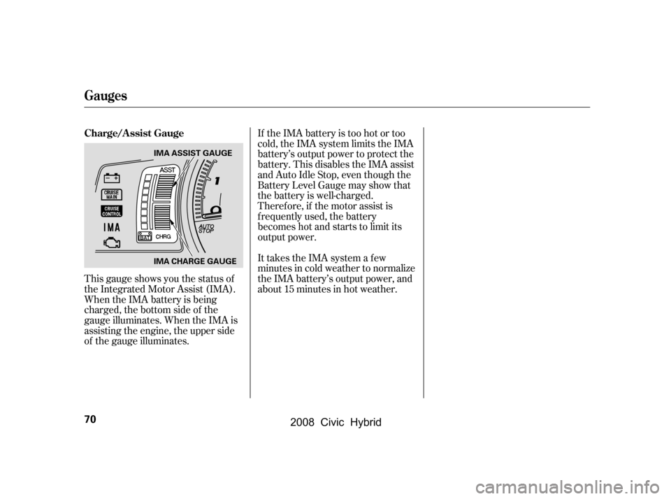 HONDA CIVIC HYBRID 2008 8.G Owners Manual This gauge shows you the status of 
the Integrated Motor Assist (IMA).
When the IMA battery is being 
charged, the bottom side of the 
gauge illuminates. When the IMA is
assisting the engine, the uppe