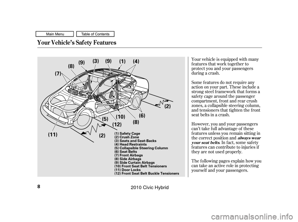 HONDA CIVIC HYBRID 2010 8.G Owners Manual Your vehicle is equipped with many
features that work together to
protect you and your passengers
during a crash.
The f ollowing pages explain how you
cantakeanactiveroleinprotecting
yourself and your HONDA CIVIC HYBRID 2010 8.G Owners Manual Your vehicle is equipped with many
features that work together to
protect you and your passengers
during a crash.
The f ollowing pages explain how you
cantakeanactiveroleinprotecting
yourself and your