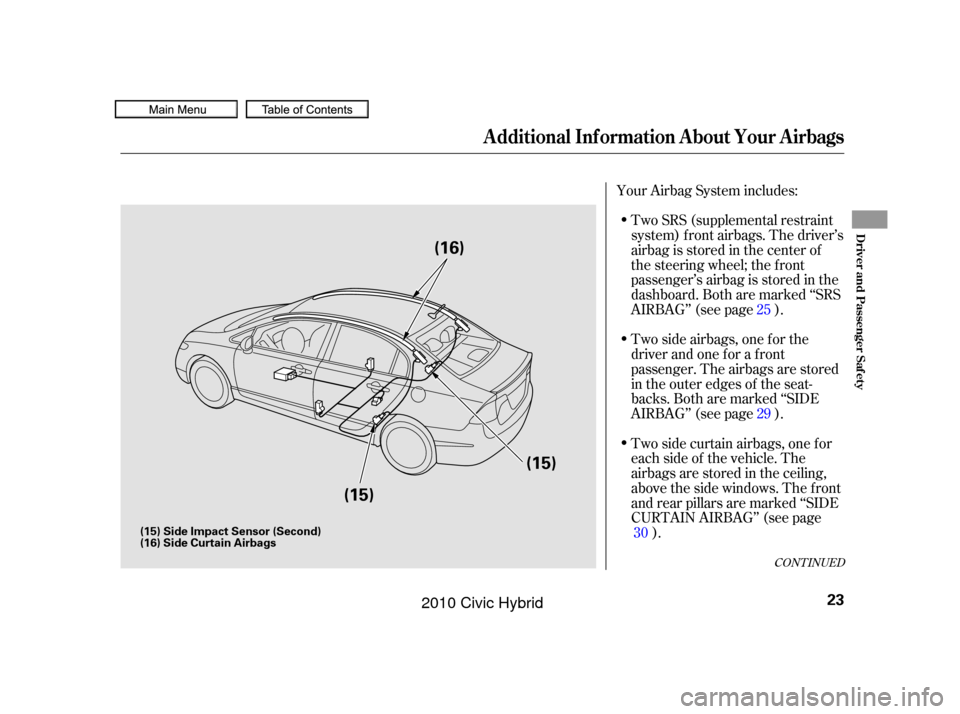 HONDA CIVIC HYBRID 2010 8.G Owners Manual Two SRS (supplemental restraint
system) f ront airbags. The driver’s
airbag is stored in the center of
the steering wheel; the f ront
passenger’sairbagisstoredinthe
dashboard. Both are marked ‘