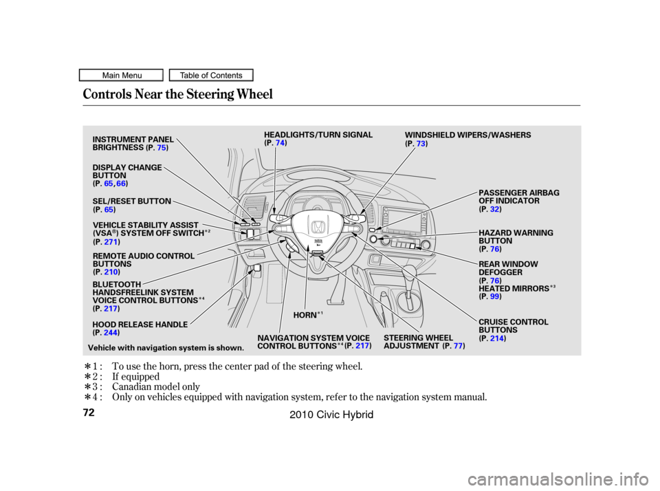 HONDA CIVIC HYBRID 2010 8.G Owners Manual Î
Î
Î
Î
Î
Î
Î
Î
Î
Only on vehicles equipped with navigation system, ref er to the navigation system manual. To use the horn, press the center pad of the steering wheel.
1:
2:
3:
4: I
