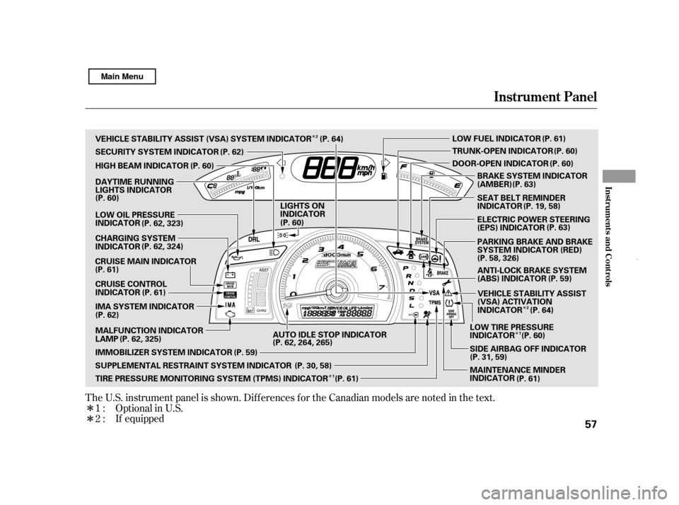 HONDA CIVIC HYBRID 2011 8.G Owners Manual Î ÎÎ
ÎÎ
Î
The U.S. instrument panel is shown. Dif f erences f or the Canadian models are noted in the tex t.
Optional in U.S.
1:2: If equipped
Instrument Panel
Inst rument s and Cont rols
HONDA CIVIC HYBRID 2011 8.G Owners Manual Î ÎÎ
ÎÎ
Î
The U.S. instrument panel is shown. Dif f erences f or the Canadian models are noted in the tex t.
Optional in U.S.
1:2: If equipped
Instrument Panel
Inst rument s and Cont rols