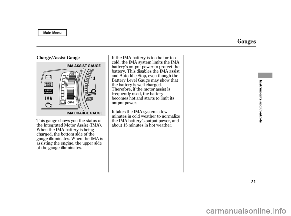 HONDA CIVIC HYBRID 2011 8.G Owners Manual This gauge shows you the status of 
the Integrated Motor Assist (IMA).
When the IMA battery is being
charged, the bottom side of the
gauge illuminates. When the IMA is
assisting the engine, the upper 