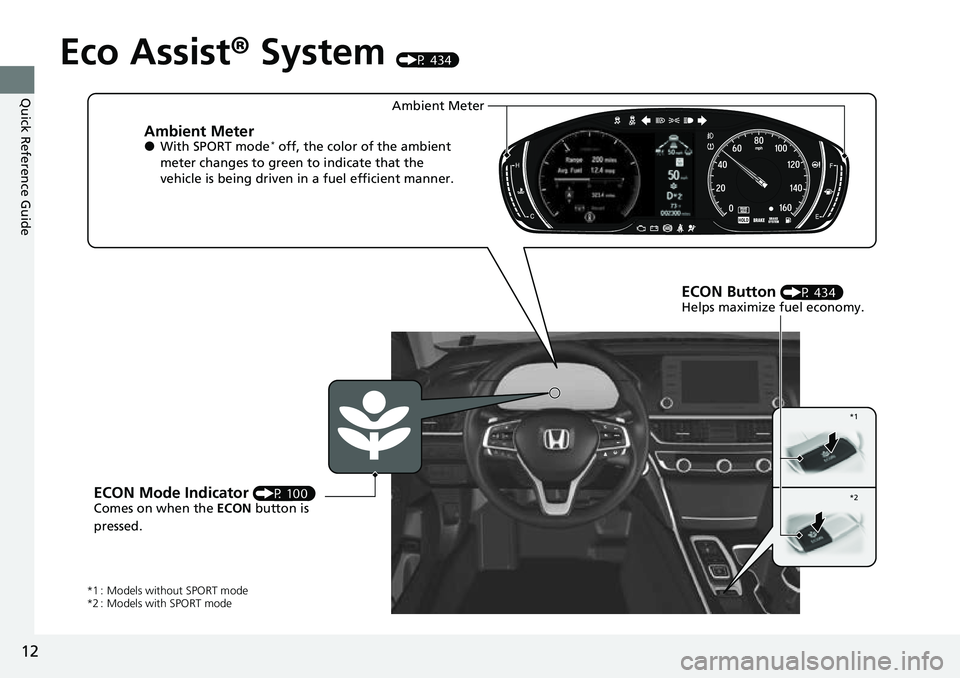 HONDA ACCORD 2022  Owners Manual 12
Quick Reference Guide
Eco Assist® System (P 434)
Ambient Meter●With SPORT mode* off, the color of the ambient 
meter changes to green to indicate that the 
vehicle is being driven in a fuel effi