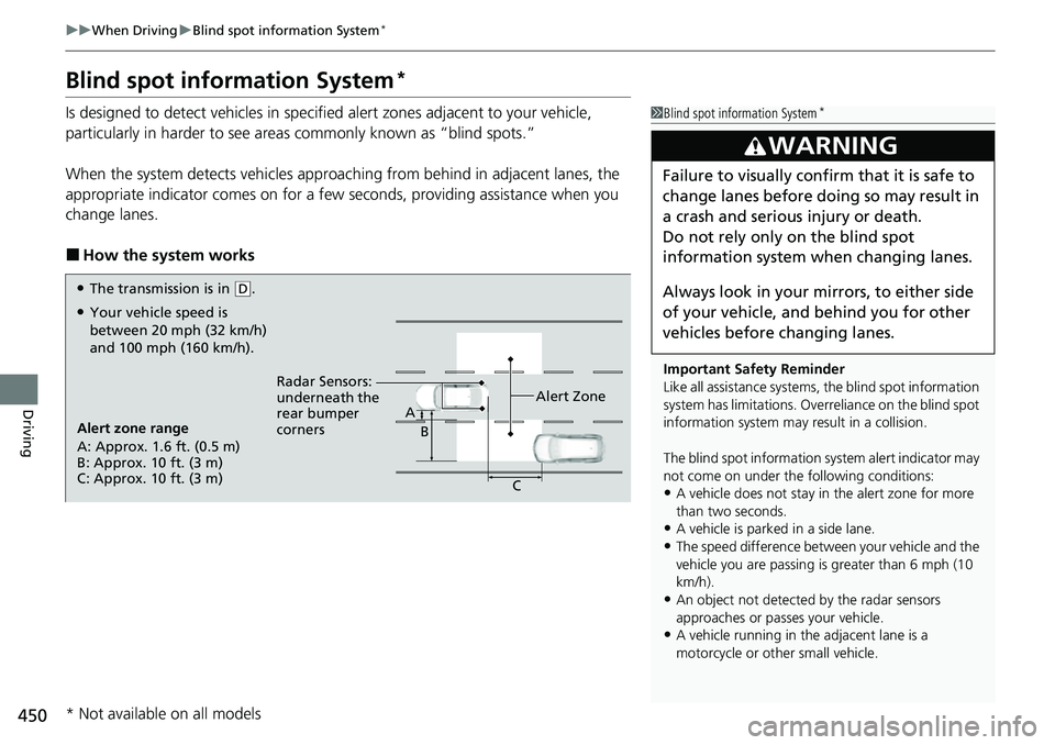HONDA ACCORD 2022 Owners Manual 450
uuWhen Driving uBlind spot information System*
Driving
Blind spot information System*
Is designed to detect vehicles in specified alert zones adjacent to your vehicle,
particularly in harder to s HONDA ACCORD 2022 Owners Manual 450
uuWhen Driving uBlind spot information System*
Driving
Blind spot information System*
Is designed to detect vehicles in specified alert zones adjacent to your vehicle,
particularly in harder to s
