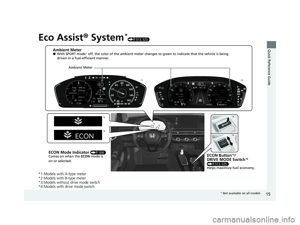 HONDA CIVIC 2023  Owners Manual 15
Quick Reference Guide
Eco Assist® System*(P513, 525)
*1:Models with A-type meter
*2:Models with B-type meter
*3:Models without drive mode switch
*4:Models with drive mode switch
Ambient Meter●Wi