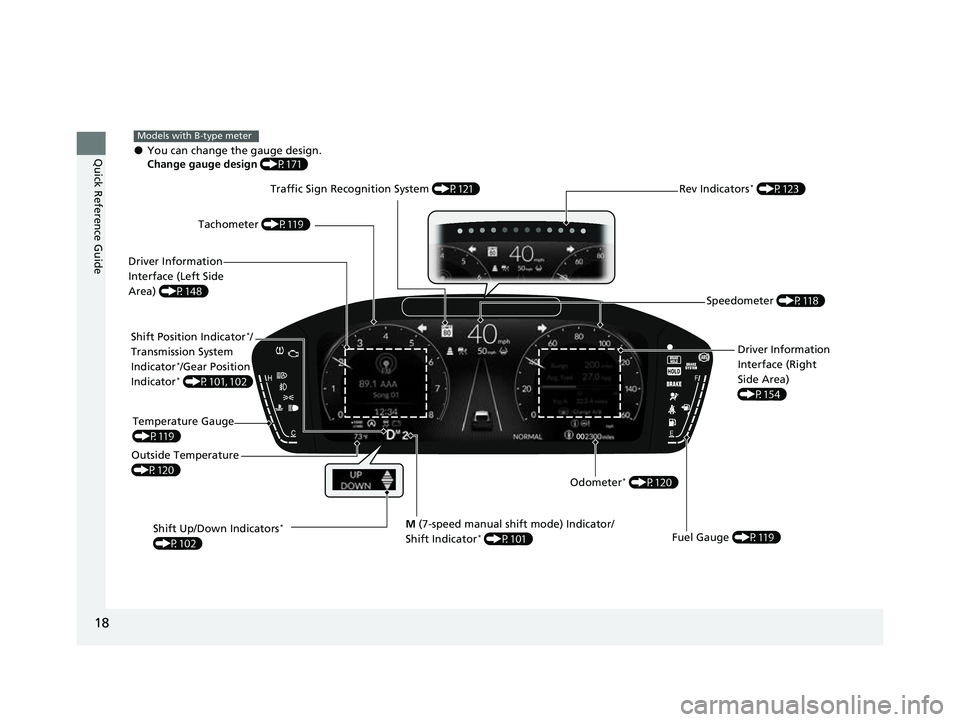 HONDA CIVIC 2023  Owners Manual 18
Quick Reference Guide
M (7-speed manual shift mode) Indicator/
Shift Indicator*  (P101)
●You can change the gauge design.
Change gauge design  (P171)
Models with B-type meter
Shift Position Indic