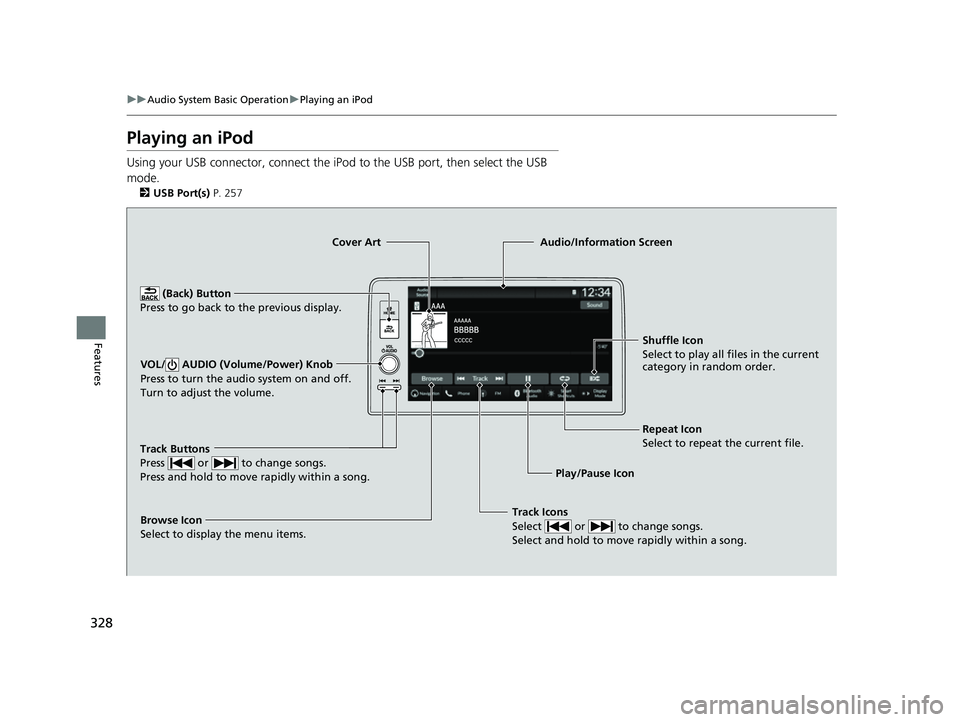 HONDA CIVIC 2023  Owners Manual 328
uuAudio System Basic Operation uPlaying an iPod
Features
Playing an iPod
Using your USB connector, connect the iPod  to the USB port, then select the USB 
mode.
2 USB Port(s)  P. 257
Track Icons
S