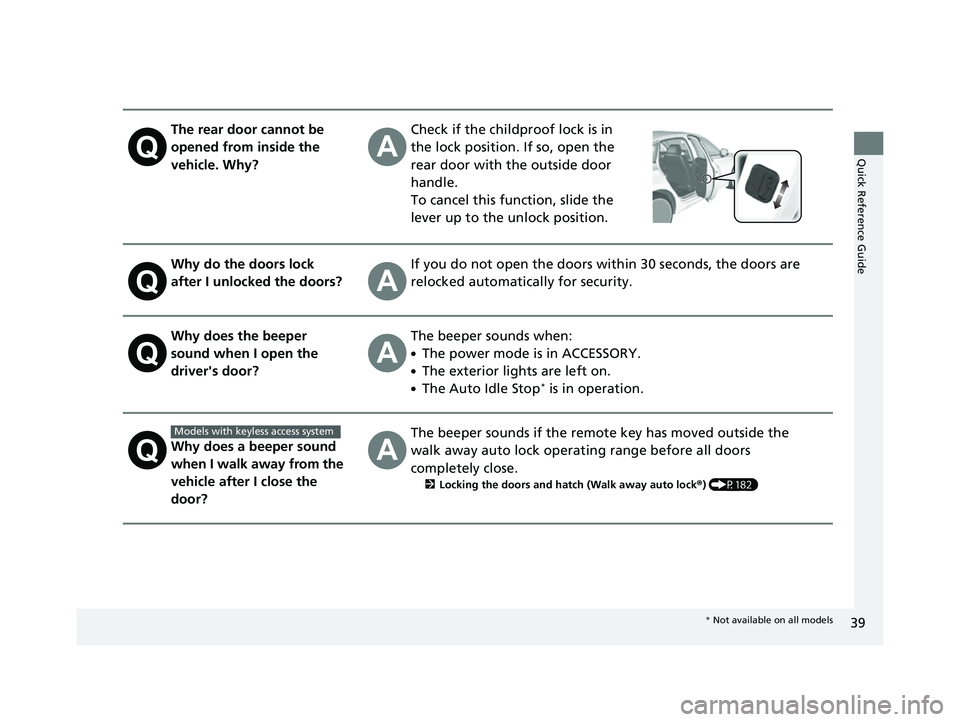 HONDA CIVIC 2023  Owners Manual 39
Quick Reference Guide
The rear door cannot be 
opened from inside the 
vehicle. Why?Check if the childproof lock is in 
the lock position. If so, open the 
rear door with the outside door 
handle.
