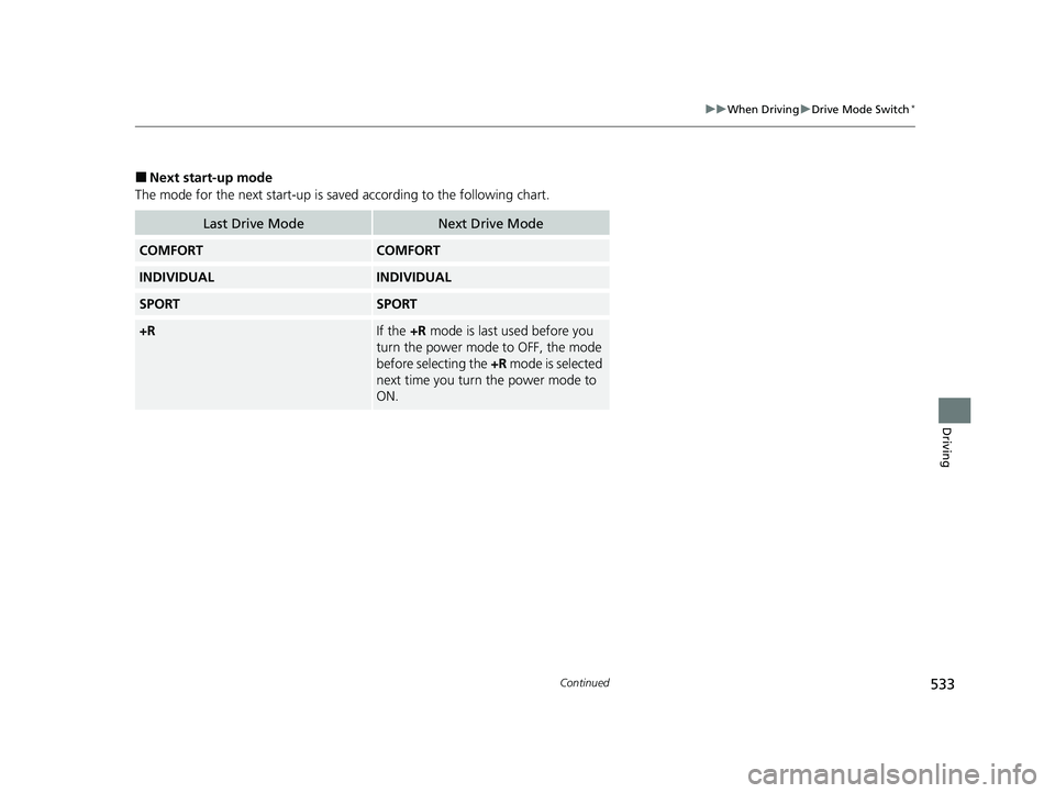 HONDA CIVIC 2023  Owners Manual 533
uuWhen Driving uDrive Mode Switch*
Continued
Driving
■Next start-up mode
The mode for the next start-up is sa ved according to the following chart.
Last Drive ModeNext Drive Mode
COMFORTCOMFORT
