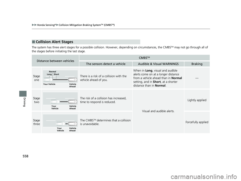 HONDA CIVIC 2023 Owners Manual 558
uuHonda Sensing ®u Collision Mitigation Braking SystemTM (CMBSTM)
Driving
The system has three alert stages for a possible collision. However, depending on circumstances, the CMBSTM may not go t HONDA CIVIC 2023 Owners Manual 558
uuHonda Sensing ®u Collision Mitigation Braking SystemTM (CMBSTM)
Driving
The system has three alert stages for a possible collision. However, depending on circumstances, the CMBSTM may not go t