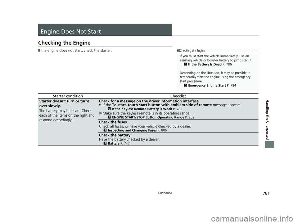 HONDA CIVIC 2023 Owners Manual 781Continued
Handling the Unexpected
Engine Does Not Start
Checking the Engine
If the engine does not start, check the starter.
Starter conditionChecklist
Starter doesn't turn or turns
over slowl HONDA CIVIC 2023 Owners Manual 781Continued
Handling the Unexpected
Engine Does Not Start
Checking the Engine
If the engine does not start, check the starter.
Starter conditionChecklist
Starter doesn't turn or turns
over slowl