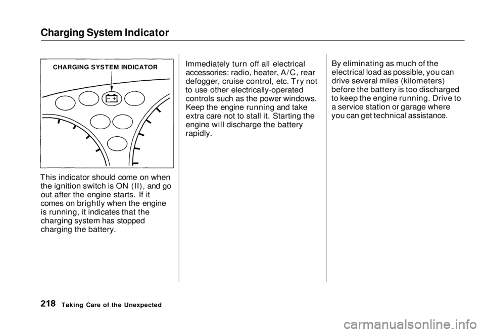 HONDA CIVIC COUPE 1998  Owners Manual Charging System Indicator

This indicator should come on when the ignition switch is ON (II), and goout after the engine starts. If it
comes on brightly when the engine
is running, it indicates that t