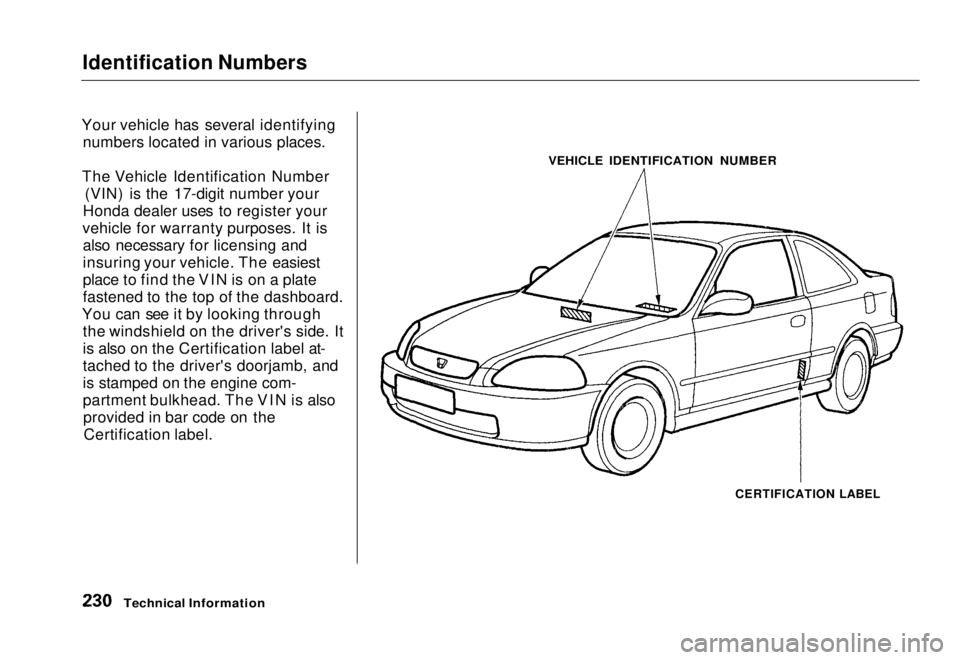 HONDA CIVIC COUPE 1998  Owners Manual Identification Numbers

Your vehicle has several identifying numbers located in various places.
The Vehicle Identification Number (VIN) is the 17-digit number your
Honda dealer uses to register your
v