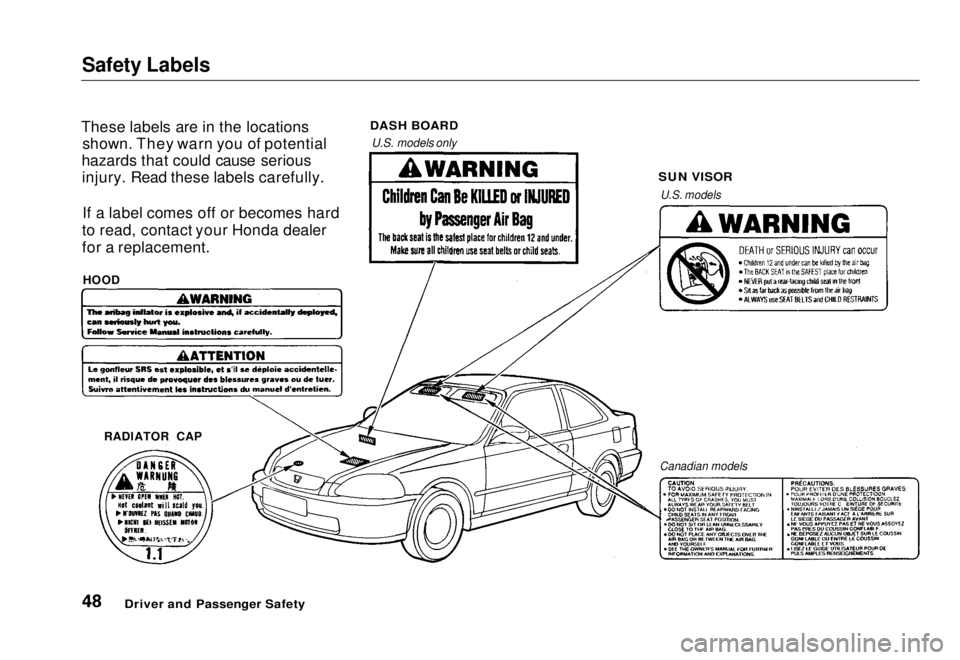 HONDA CIVIC COUPE 1998  Owners Manual Safety Labels

These labels are in the locations shown. They warn you of potential
hazards that could cause serious injury. Read these labels carefully.
If a label comes off or becomes hard
to read, c