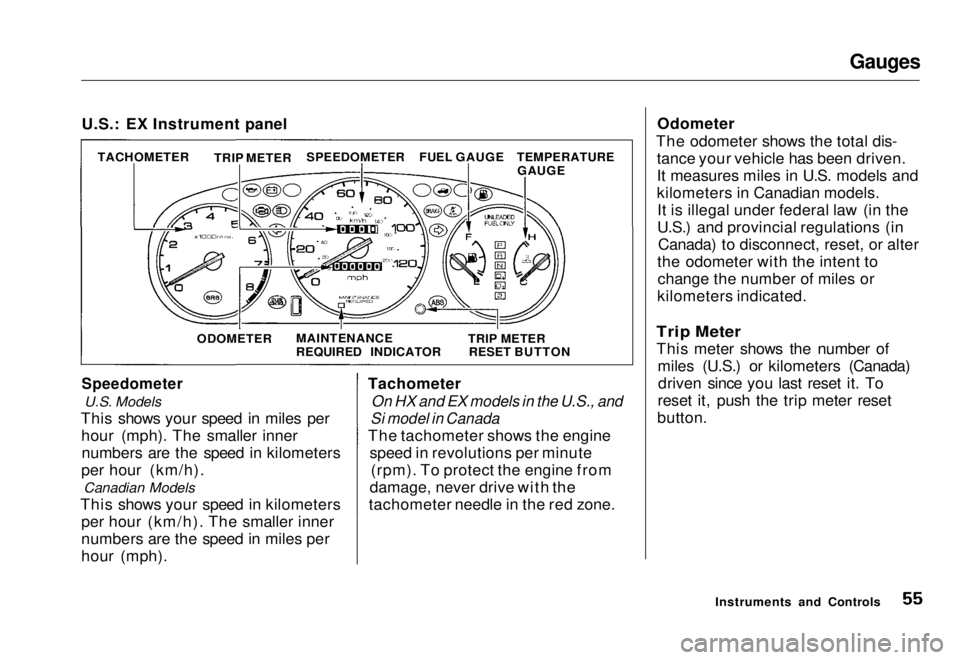 HONDA CIVIC COUPE 1998 Owners Manual Gauges
U.S.: EX Instrument panel
Speedometer
U.S. Models
This shows your speed in miles per hour (mph). The smaller innernumbers are the speed in kilometers
per hour (km/h). Canadian Models
This sh HONDA CIVIC COUPE 1998 Owners Manual Gauges
U.S.: EX Instrument panel
Speedometer
U.S. Models
This shows your speed in miles per hour (mph). The smaller innernumbers are the speed in kilometers
per hour (km/h). Canadian Models
This sh