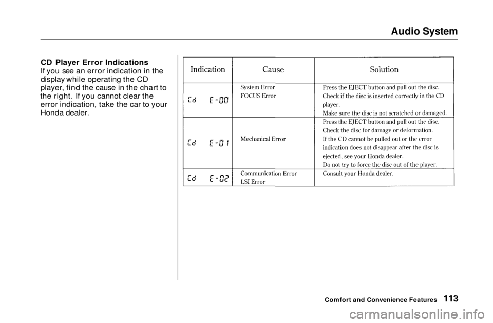 HONDA CIVIC COUPE 1999  Owners Manual Audio System

CD Player Error Indications
If you see an error indication in the display while operating the CD
player, find the cause in the chart to
the right. If you cannot clear the error indicatio
