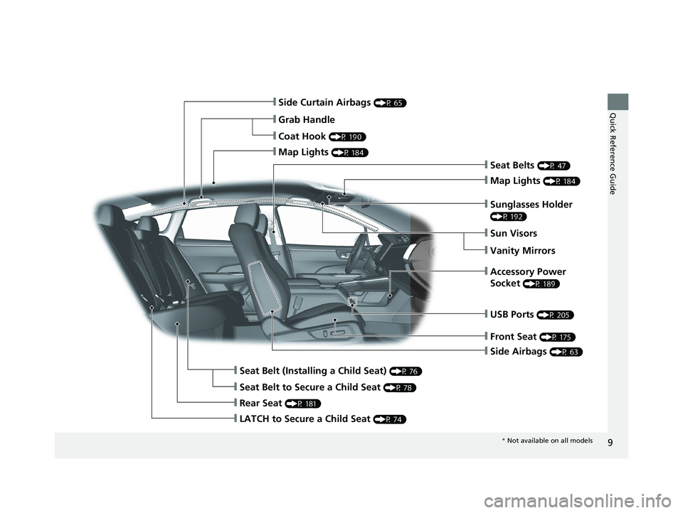 HONDA CLARITY PLUG IN HYBRID 2018  Owners Manual 9
Quick Reference Guide
❙ Side Airbags  (P 63)❙ Side Curtain Airbags  (P 65)
❙ Seat Belts  (P 47)
❙ Seat Belt (Installing a Child Seat)  (P 76)
❙ Rear Seat  (P 181)❙ Coat Hook  (P 190)
❙