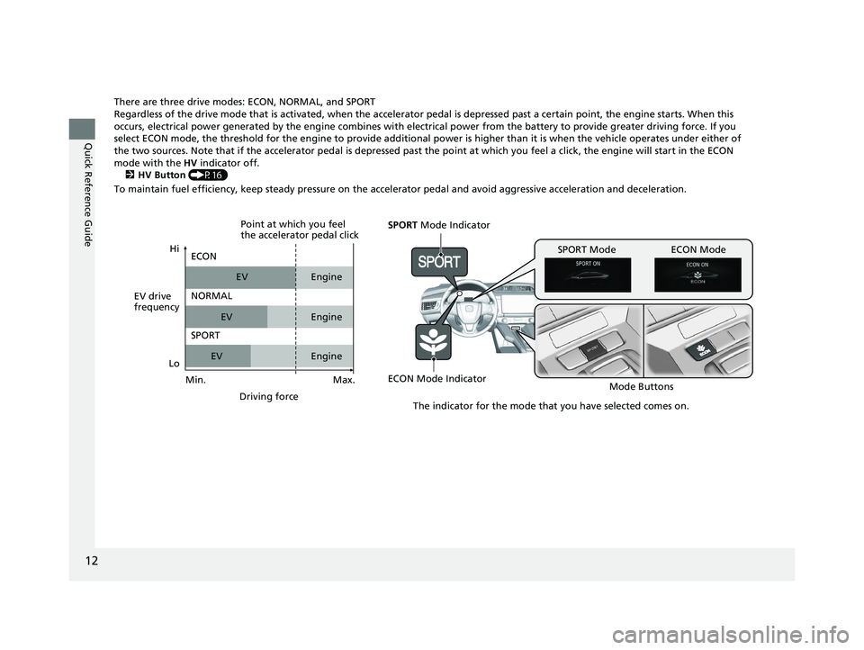 HONDA CLARITY PLUG IN HYBRID 2018 Owners Manual 12
Quick Reference Guide There are three drive modes: ECON, NORMAL, and SPORT
Regardless of the drive mode that is acti vated, when the accelerator pedal is depr essed past a certain point, the engine HONDA CLARITY PLUG IN HYBRID 2018 Owners Manual 12
Quick Reference Guide There are three drive modes: ECON, NORMAL, and SPORT
Regardless of the drive mode that is acti vated, when the accelerator pedal is depr essed past a certain point, the engine