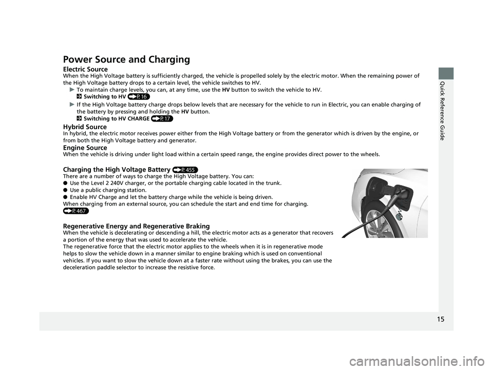 HONDA CLARITY PLUG IN HYBRID 2018 Owners Manual 15
Quick Reference Guide
Power Source and Charging Electric Source When the High Voltage battery is sufficiently charged, the vehicl e is propelled solely by the electric motor. When the remainin g po HONDA CLARITY PLUG IN HYBRID 2018 Owners Manual 15
Quick Reference Guide
Power Source and Charging Electric Source When the High Voltage battery is sufficiently charged, the vehicl e is propelled solely by the electric motor. When the remainin g po