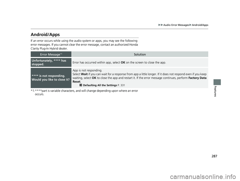 HONDA CLARITY PLUG IN HYBRID 2018  Owners Manual 287uu Audio Error Messages u Android/Apps
Features
Android/Apps If an error occurs  while using the audio system or  apps, you may see the following 
error messages. If you cannot clear the e rror mes