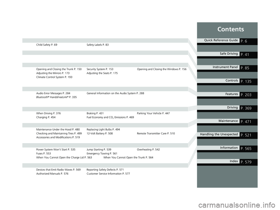 HONDA CLARITY PLUG IN HYBRID 2018 Owners Manual ContentsChild Safety P. 69 Safety Labels P. 83
Opening and Closing the Trunk P. 150 Security System P. 153 Opening and Closing the Windows P. 156
Adjusting the Mirrors P. 173 Adjusting the Seats P. 17 HONDA CLARITY PLUG IN HYBRID 2018 Owners Manual ContentsChild Safety P. 69 Safety Labels P. 83
Opening and Closing the Trunk P. 150 Security System P. 153 Opening and Closing the Windows P. 156
Adjusting the Mirrors P. 173 Adjusting the Seats P. 17