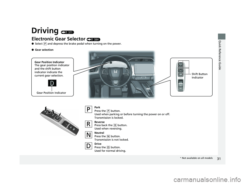 HONDA CLARITY PLUG IN HYBRID 2019  Owners Manual 31
Quick Reference Guide
Driving  (P 371)
Electronic Gear Selector  (P 384)
● Select  ( P
 and depress the brake pedal when turning on the power.
Park
Press the  ( P
 button.
Used when parking or be
