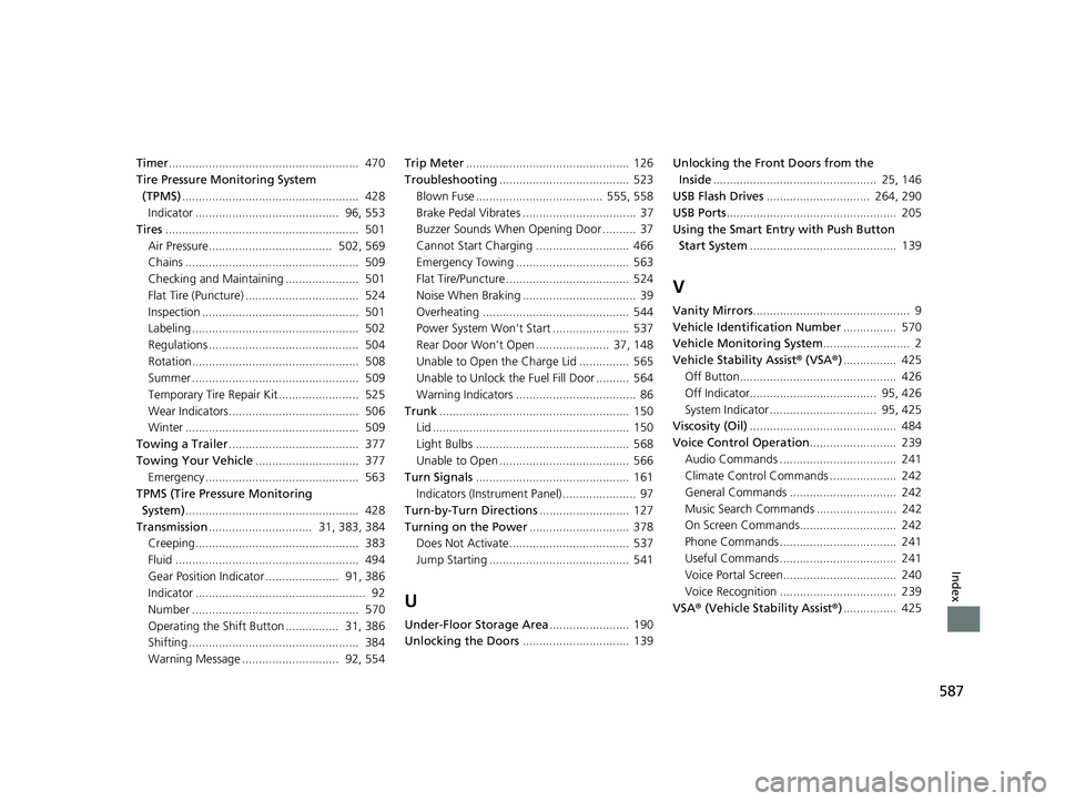 HONDA CLARITY PLUG IN HYBRID 2019  Owners Manual 587
Index
Timer .........................................................  470
Tire Pressure Monitoring System 
(TPMS) .....................................................  428
Indicator ............