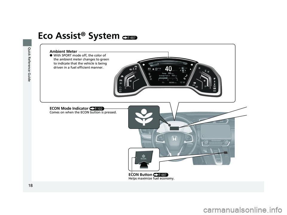 HONDA CRV 2022  Owners Manual 18
Quick Reference Guide
Eco Assist® System (P487)
Ambient Meter●With SPORT mode off, the color of 
the ambient meter changes to green 
to indicate that the vehicle is being 
driven in a fuel effic