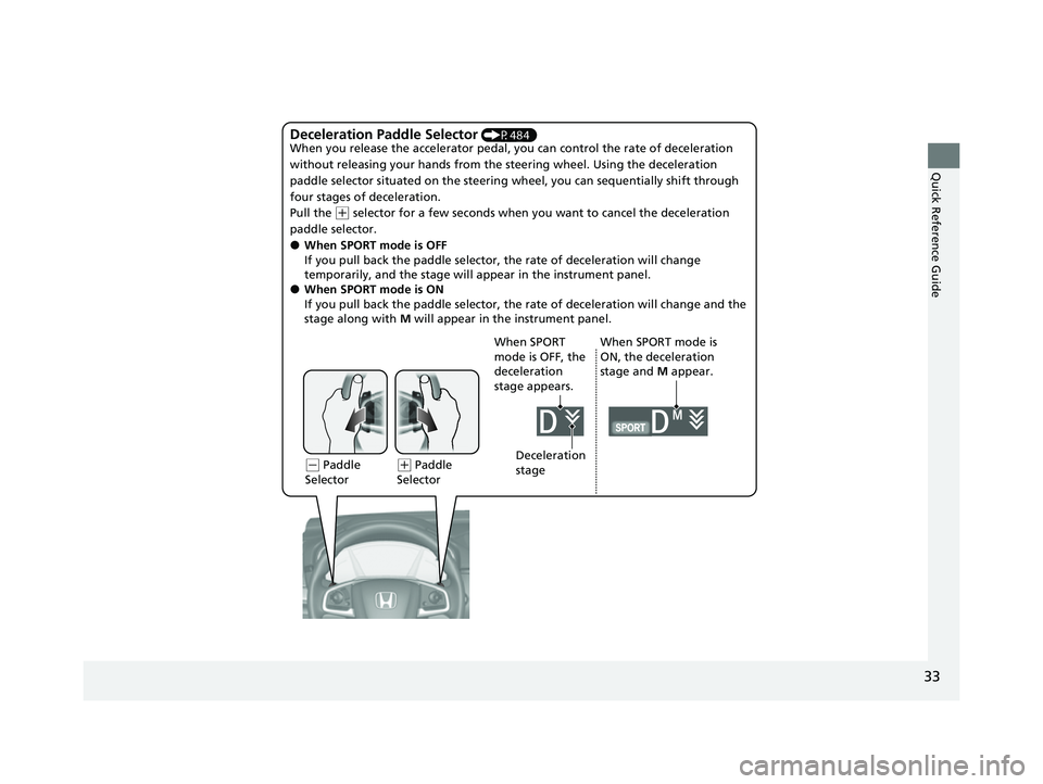 HONDA CRV 2022 Owners Manual 33
Quick Reference Guide
Deceleration Paddle Selector (P484)
When you release the accelerator pedal, yo u can control the rate of deceleration
without releasing your hands from the steering wheel. U HONDA CRV 2022 Owners Manual 33
Quick Reference Guide
Deceleration Paddle Selector (P484)
When you release the accelerator pedal, yo u can control the rate of deceleration
without releasing your hands from the steering wheel. U