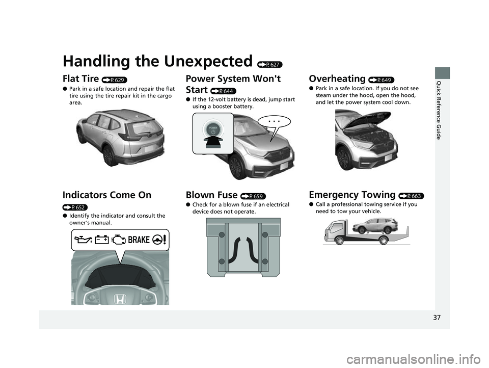 HONDA CRV 2022  Owners Manual Quick Reference Guide
37
Handling the Unexpected (P627)
Flat Tire (P629)
●Park in a safe location and repair the flat 
tire using the tire repair kit in the cargo 
area.
Indicators Come On 
(P652)
