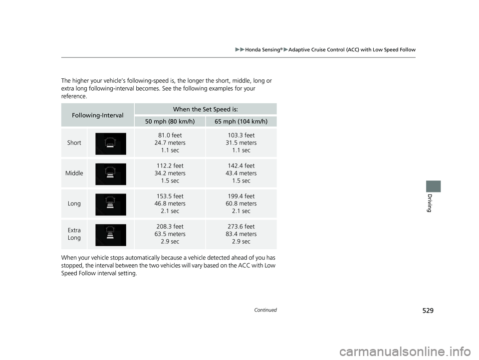 HONDA CRV 2022  Owners Manual 529
uuHonda Sensing ®u Adaptive Cruise Control (ACC) with Low Speed Follow
Continued
Driving
The higher your vehicle’s following-speed is , the longer the short, middle, long or 
extra long followi