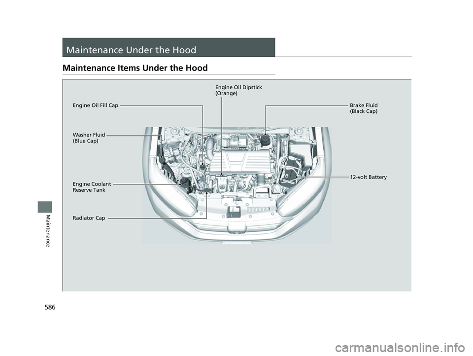HONDA CRV 2022  Owners Manual 586
Maintenance
Maintenance Under the Hood
Maintenance Items Under the Hood
Brake Fluid 
(Black Cap)
Engine Coolant 
Reserve Tank
Radiator Cap Washer Fluid 
(Blue Cap) Engine Oil Dipstick 
(Orange)
En