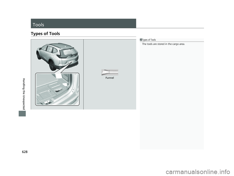 HONDA CRV 2022  Owners Manual 628
Handling the Unexpected
Tools
Types of Tools
1Types of Tools
The tools are stored in the cargo area.
Funnel
22 CR-V HEV ELP-31TPG6200.book  628 ページ  ２０２１年６月３０日　水曜