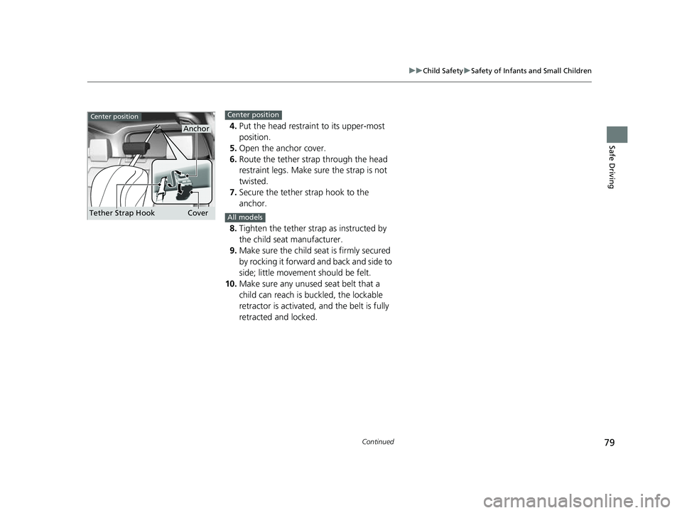 HONDA CRV 2022  Owners Manual 79
uuChild Safety uSafety of Infants and Small Children
Continued
Safe Driving
4. Put the head restraint to its upper-most 
position.
5. Open the anchor cover.
6. Route the tether strap through the he