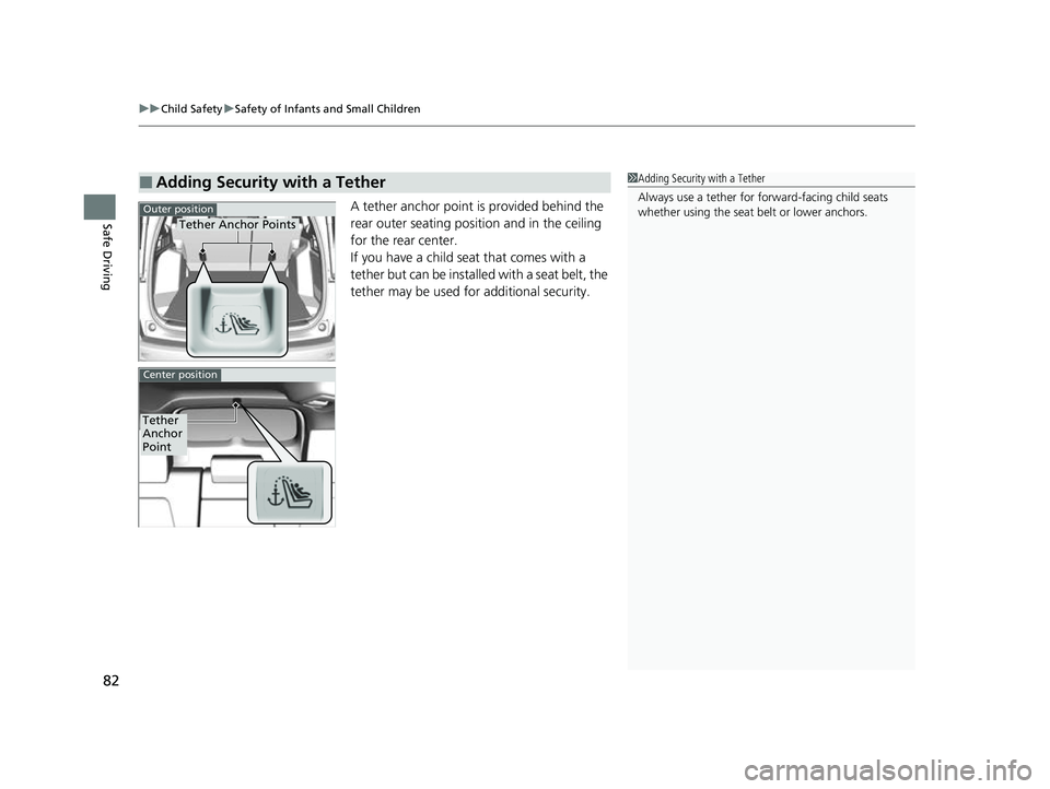 HONDA CRV 2022  Owners Manual uuChild Safety uSafety of Infants and Small Children
82
Safe DrivingA tether anchor point is provided behind the 
rear outer seating position and in the ceiling 
for the rear center.
If you have a chi