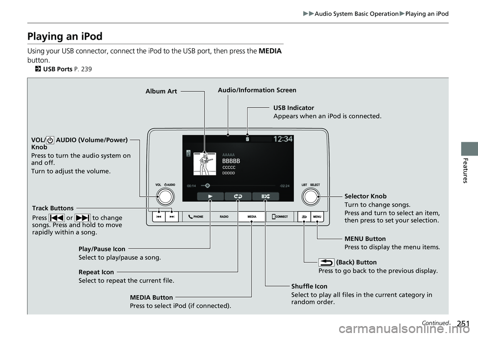 HONDA CRV 2023  Owners Manual 251
uuAudio System Basic Operation uPlaying an iPod
Continued
Features
Playing an iPod
Using your USB connector, connect the  iPod to the USB port, then press the MEDIA 
button.
2 USB Ports P. 239
USB