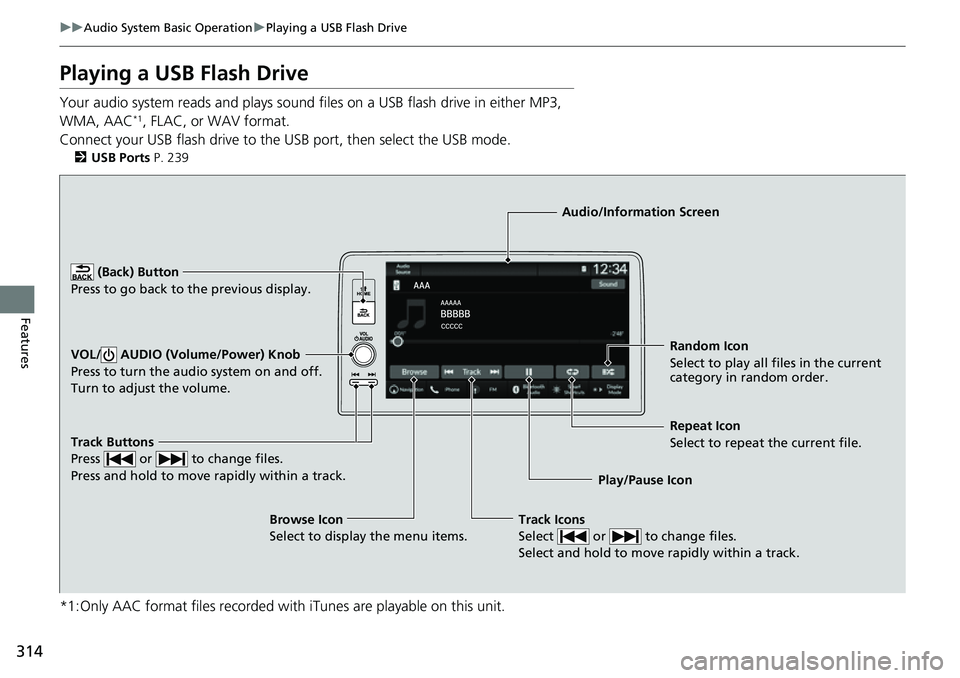 HONDA CRV 2023  Owners Manual 314
uuAudio System Basic Operation uPlaying a USB Flash Drive
Features
Playing a USB Flash Drive
Your audio system reads and plays sound files on a USB flash drive in either MP3, 
WMA, AAC*1, FLAC, or
