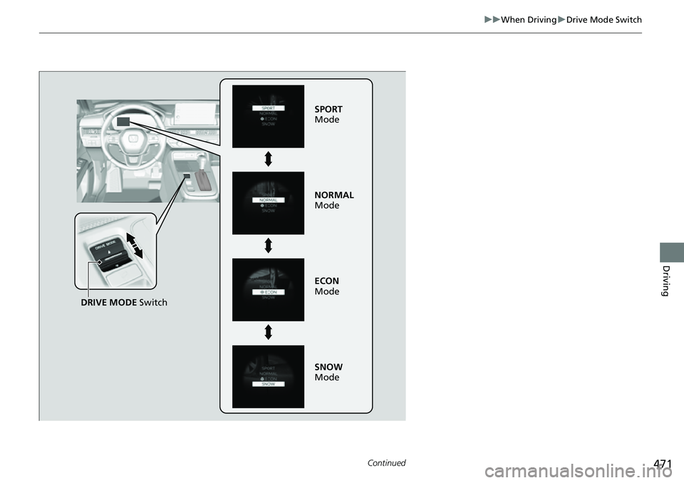 HONDA CRV 2023  Owners Manual 471
uuWhen Driving uDrive Mode Switch
Continued
Driving
DRIVE MODE  Switch
NORMAL 
Mode
ECON  
Mode
SNOW  
Mode SPORT  
Mode 