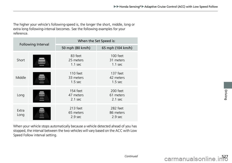 HONDA CRV 2023  Owners Manual 527
uuHonda Sensing ®u Adaptive Cruise Control (ACC) with Low Speed Follow
Continued
Driving
The higher your vehicle’s following-speed is , the longer the short, middle, long or 
extra long followi
