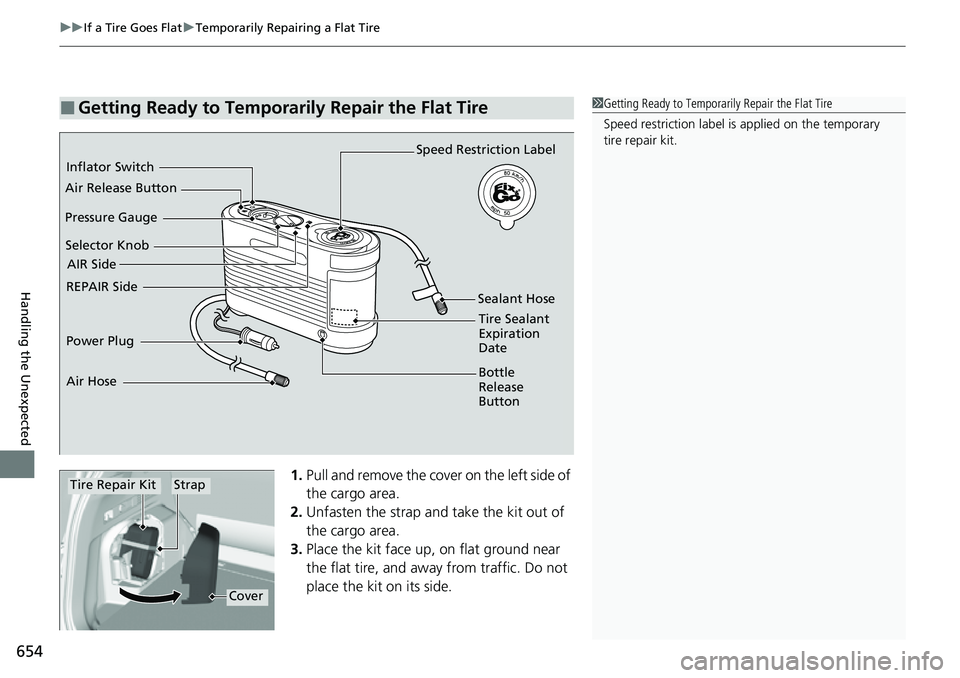 HONDA CRV 2023  Owners Manual uuIf a Tire Goes Flat uTemporarily Repairing a Flat Tire
654
Handling the Unexpected
1. Pull and remove the cover on the left side of 
the cargo area.
2. Unfasten the strap and take the kit out of 
th