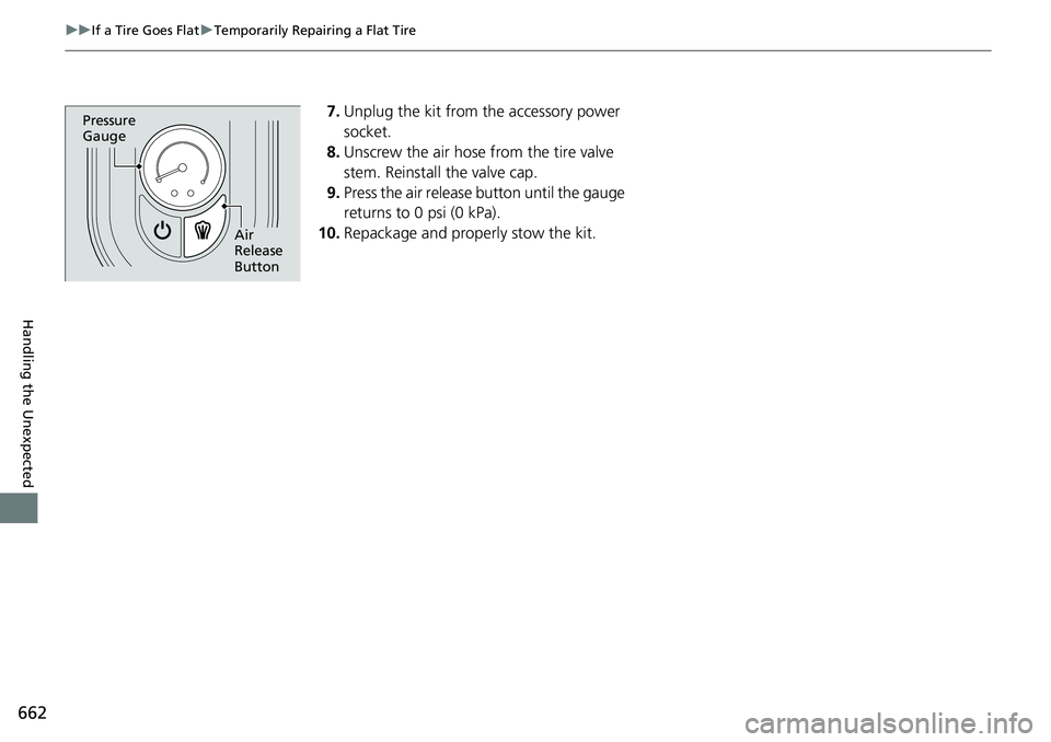 HONDA CRV 2023  Owners Manual 662
uuIf a Tire Goes Flat uTemporarily Repairing a Flat Tire
Handling the Unexpected
7. Unplug the kit from the accessory power 
socket.
8. Unscrew the air hose from the tire valve 
stem. Reinstall th