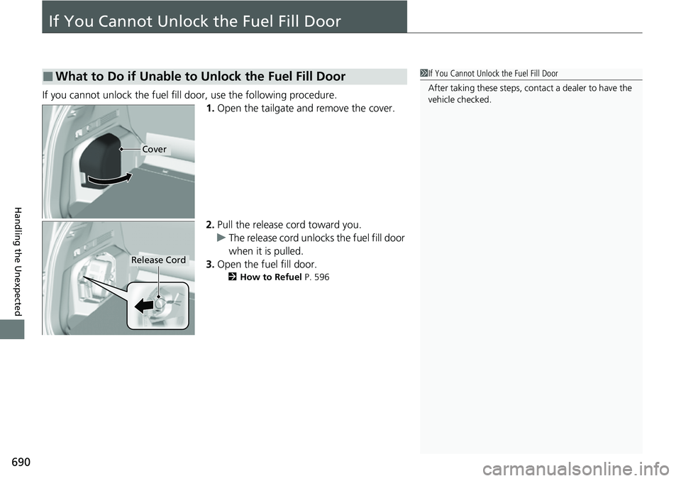 HONDA CRV 2023  Owners Manual 690
Handling the Unexpected
If You Cannot Unlock the Fuel Fill Door
If you cannot unlock the fuel fill door, use the following procedure.1.Open the tailgate and remove the cover.
2. Pull the release c