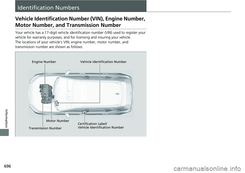 HONDA CRV 2023  Owners Manual 696
Information
Identification Numbers
Vehicle Identification Number (VIN), Engine Number, 
Motor Number, and Transmission Number
Your vehicle has a 17-digit vehicle identifi cation number (VIN) used 