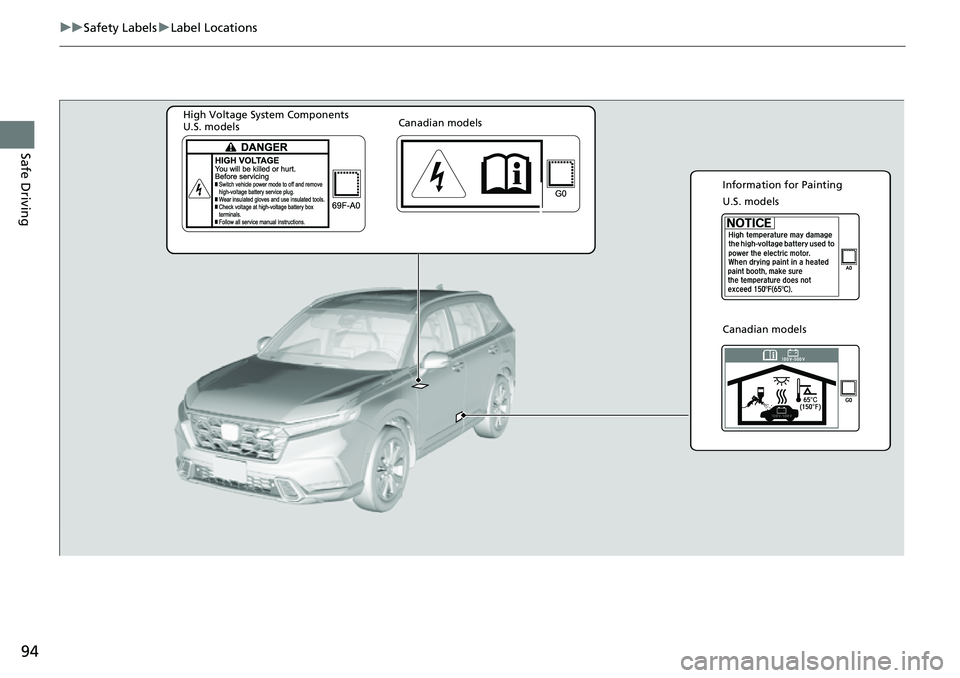 HONDA CRV 2023  Owners Manual 94
uuSafety Labels uLabel Locations
Safe Driving
Information for Painting
U.S. models
Canadian models
Canadian models
High Voltage System Components
U.S. models 
