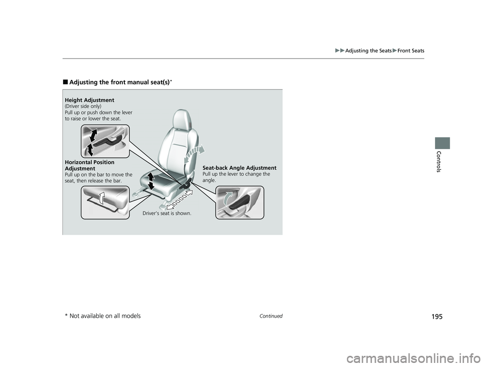 HONDA HRV 2022  Owners Manual 195
uuAdjusting the Seats uFront Seats
Continued
Controls
■Adjusting the front  manual seat(s)*
Horizontal Position 
Adjustment
Pull up on the bar to move the 
seat, then release the bar.
Driver’s