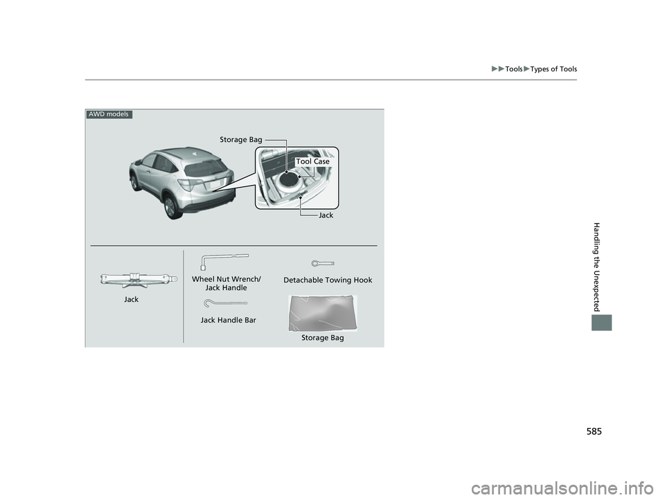 HONDA HRV 2022  Owners Manual 585
uuTools uTypes of Tools
Handling the Unexpected
Wheel Nut Wrench/
Jack Handle
Jack Handle Bar Detachable Towing Hook
Tool Case
Jack
Jack
AWD models
Storage Bag
Storage Bag
22 HR-V HDMC-31T7A6600.b