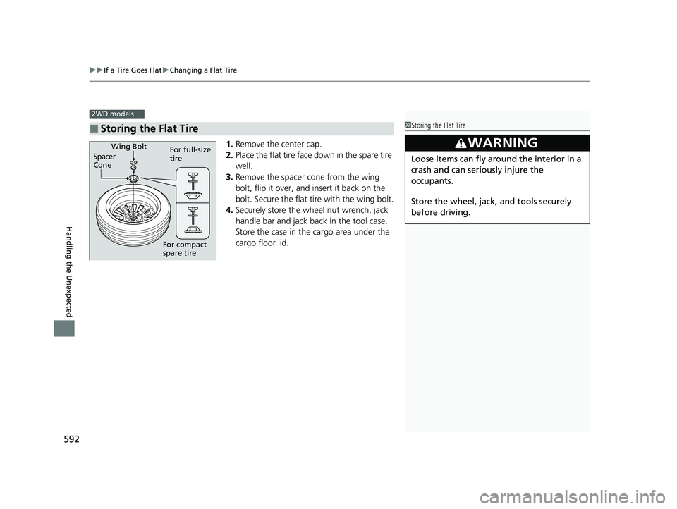 HONDA HRV 2022  Owners Manual uuIf a Tire Goes Flat uChanging a Flat Tire
592
Handling the Unexpected
1. Remove the center cap.
2. Place the flat tire face down in the spare tire 
well.
3. Remove the spacer  cone from the wing 
bo