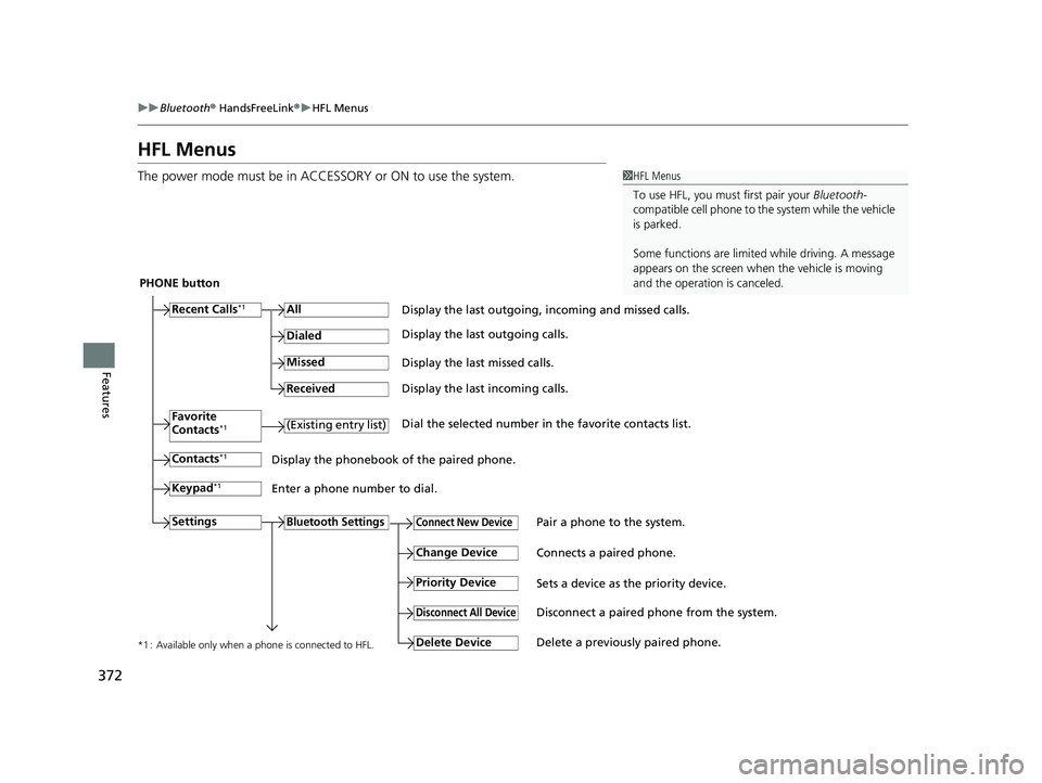 HONDA HRV 2023 Owners Manual 372
uuBluetooth ® HandsFreeLink ®u HFL Menus
Features
HFL Menus
The power mode must be in ACCESSORY or ON to use the system.1HFL Menus
To use HFL, you must first pair your Bluetooth-
compatible cel HONDA HRV 2023 Owners Manual 372
uuBluetooth ® HandsFreeLink ®u HFL Menus
Features
HFL Menus
The power mode must be in ACCESSORY or ON to use the system.1HFL Menus
To use HFL, you must first pair your Bluetooth-
compatible cel
